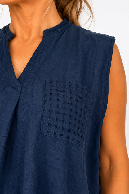 Pure Cotton Mesh Detail Rosetta Pocket Cap Sleeve Top - Navy