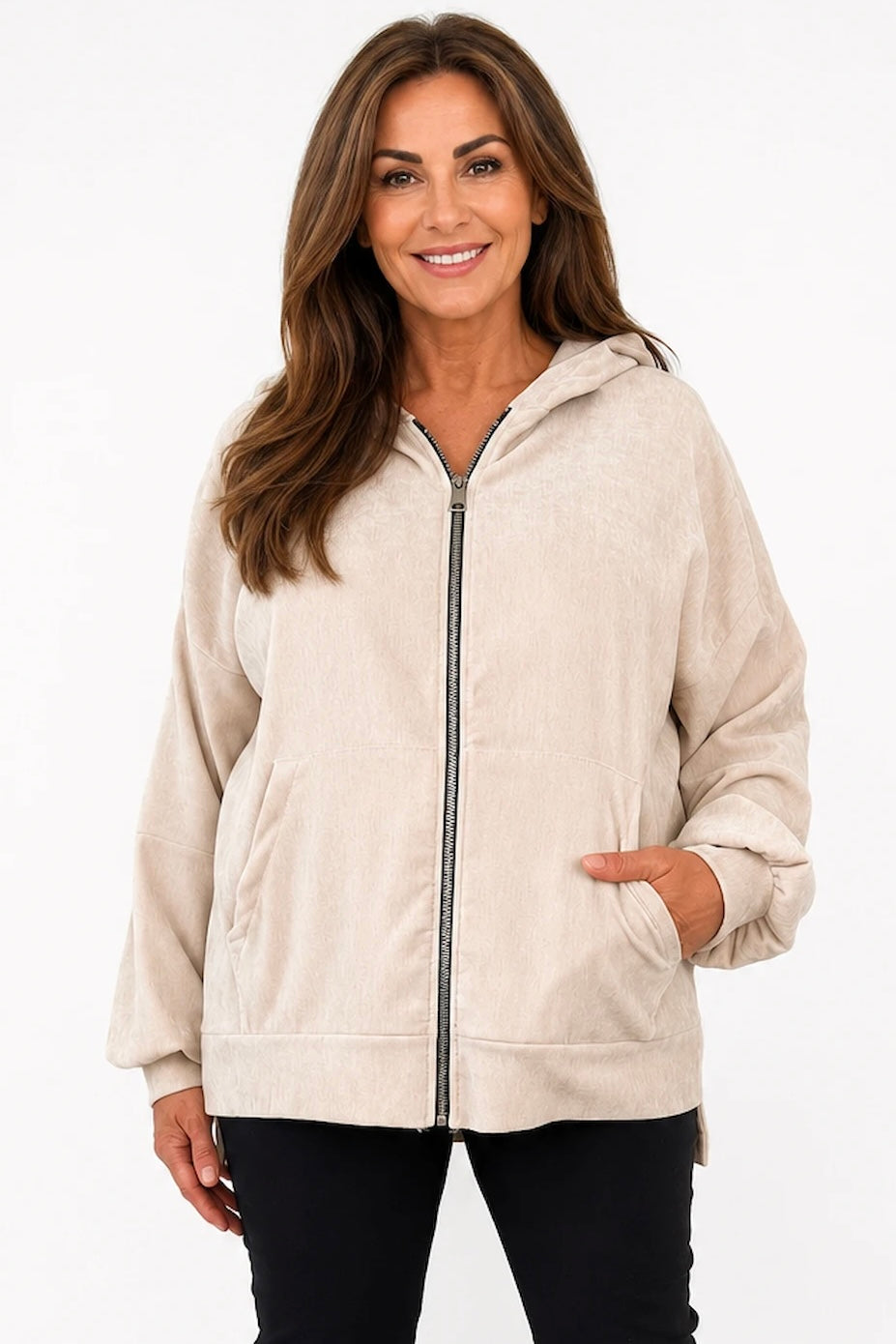 Velour Angelica Zipped Hoodie - Beige
