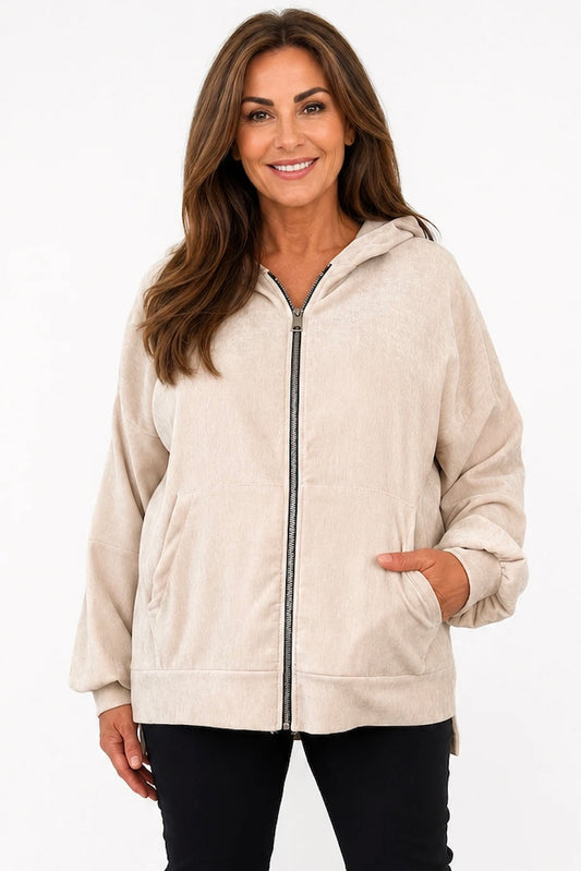 Velour Angelica Zipped Hoodie - Beige