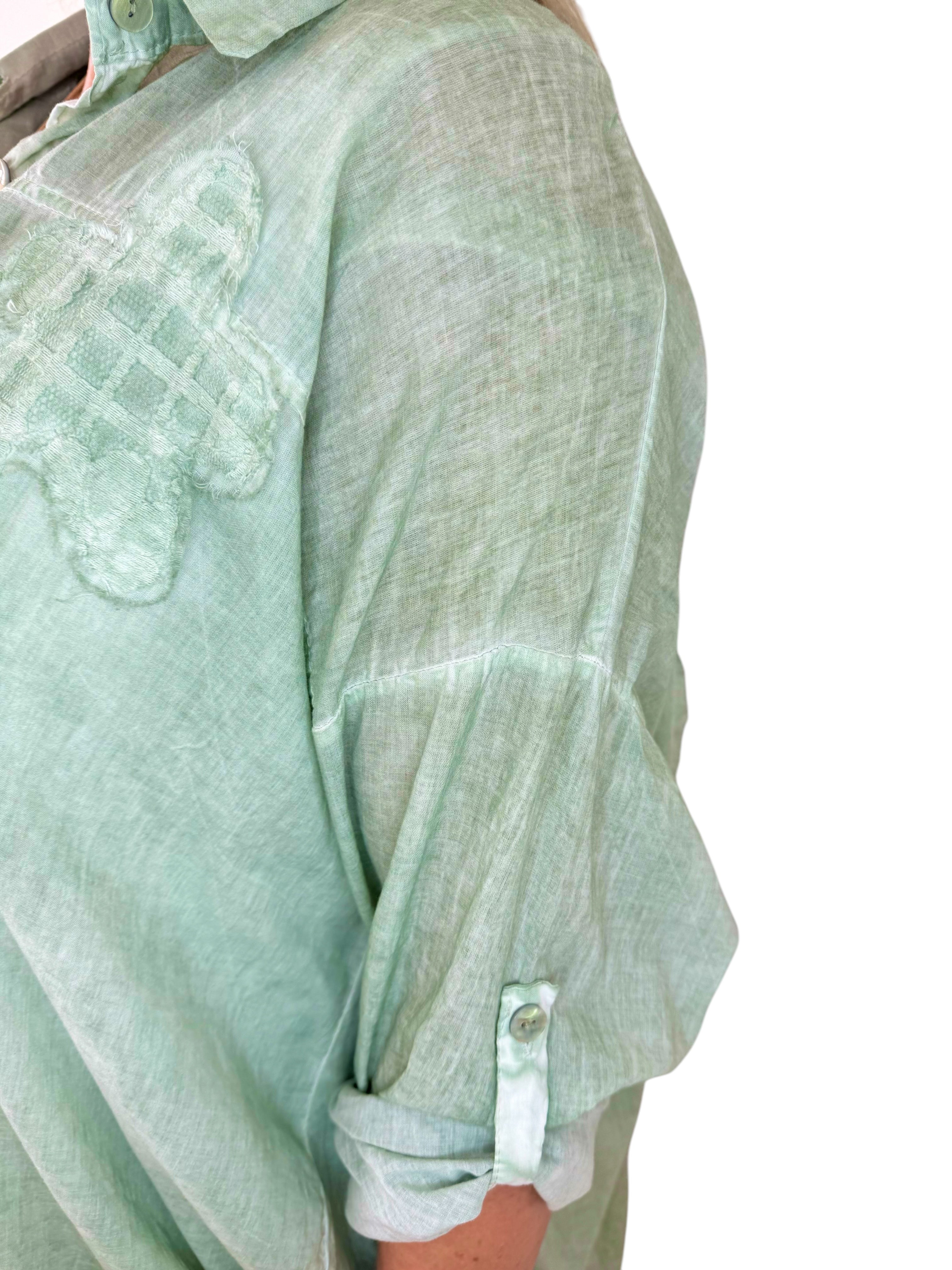 Pure Cotton Alessandra Flower Back Detail Button Sleeve Shirt - Sage Green