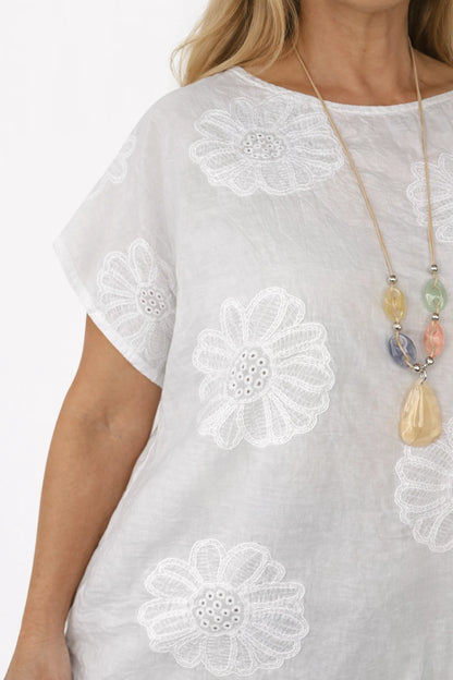 Pure Cotton Embroidery Anglaise Flower Amara Necklace Top - White