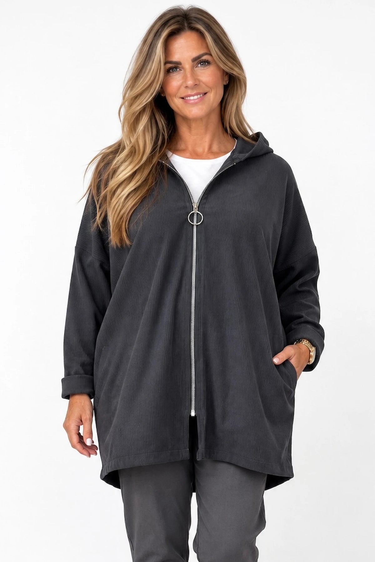 Double Pocket Zipped Cord Darci Hooded Jacket - Charcoal