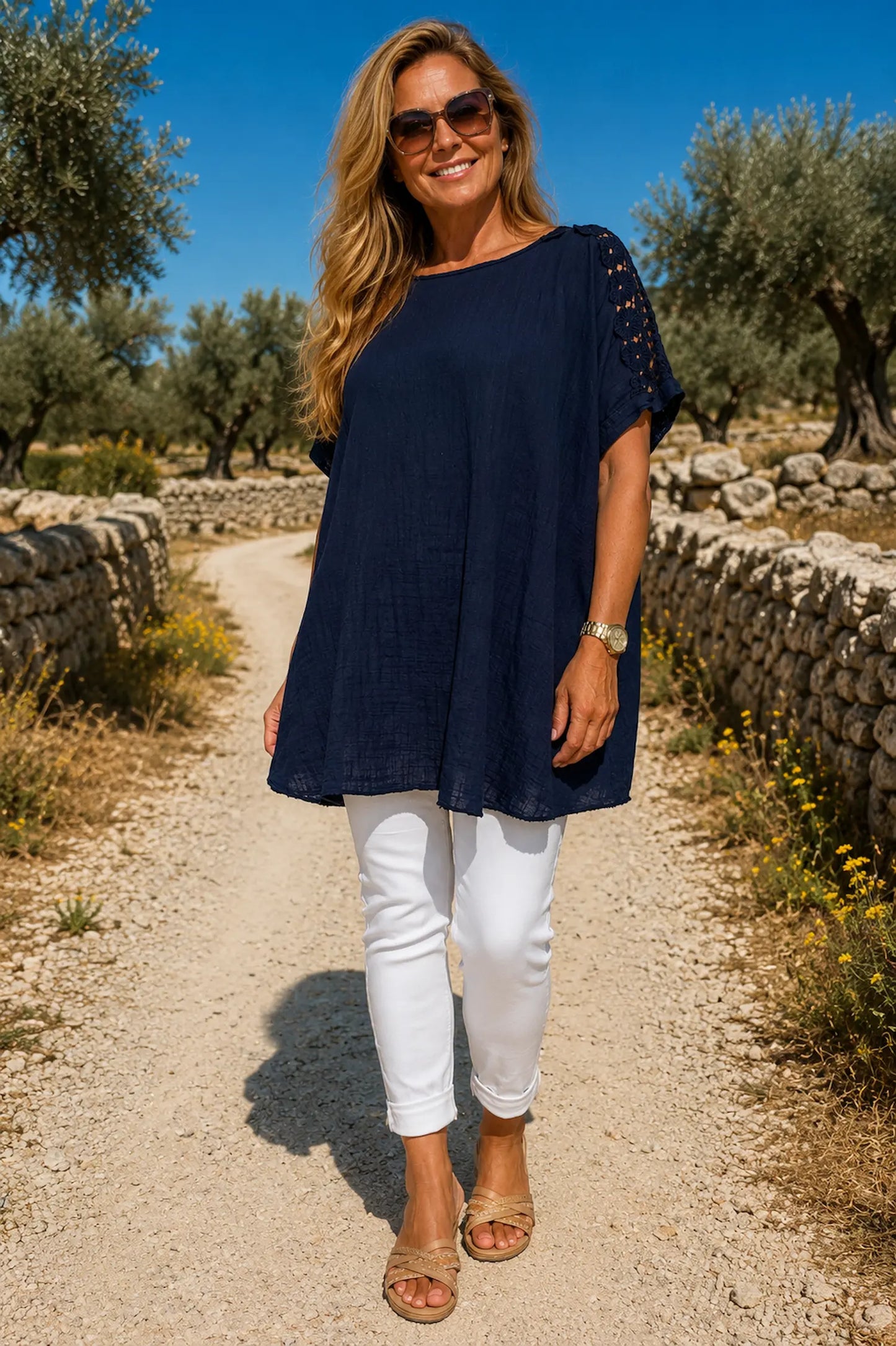 Pure Cotton Embroidered Crochet Sleeve Amira Top - Navy