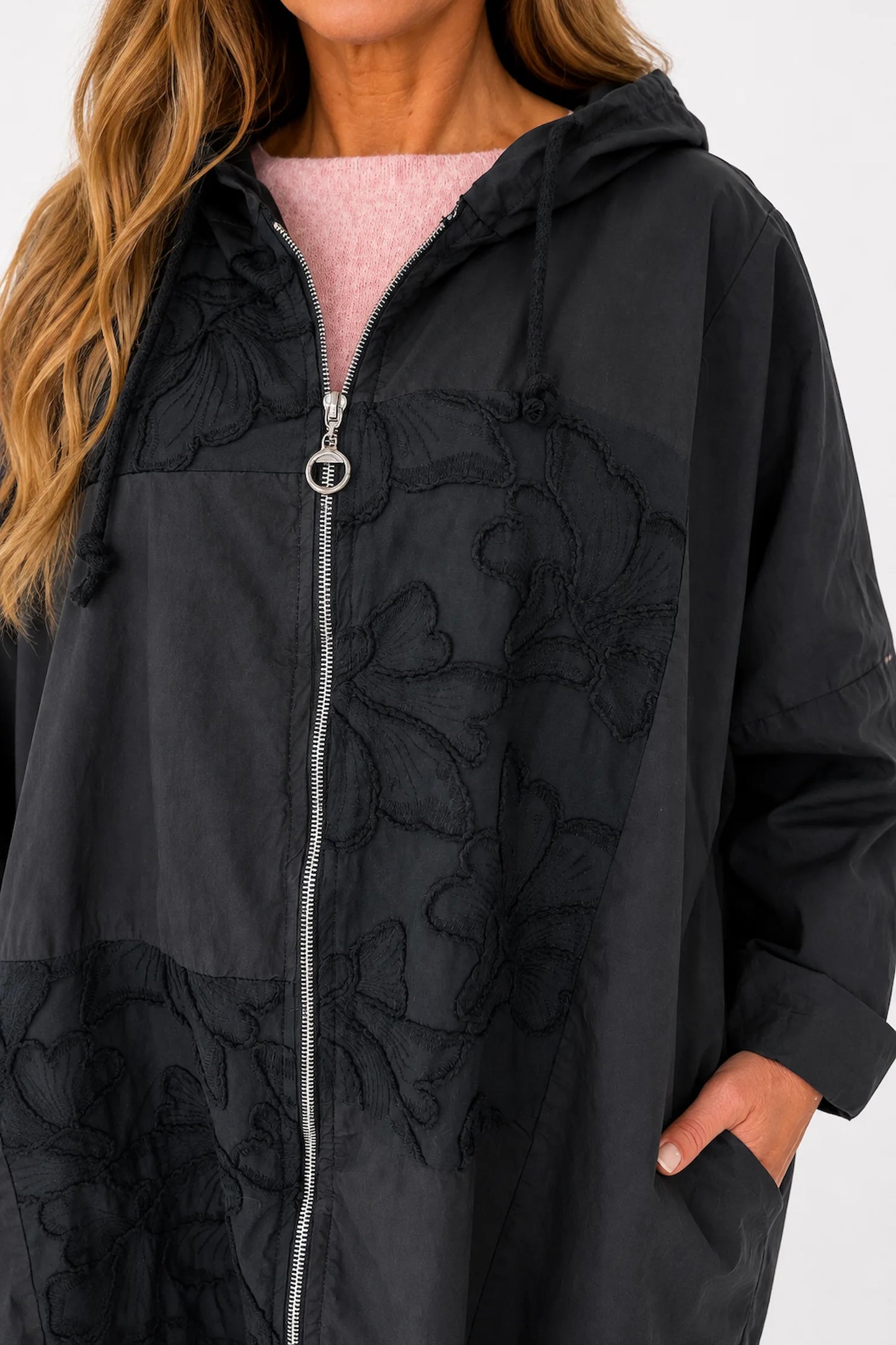 Pure Cotton Embroidery Anglaise Double Pocket Hooded Carletta Drawstring Detail Zipped Jacket - Black