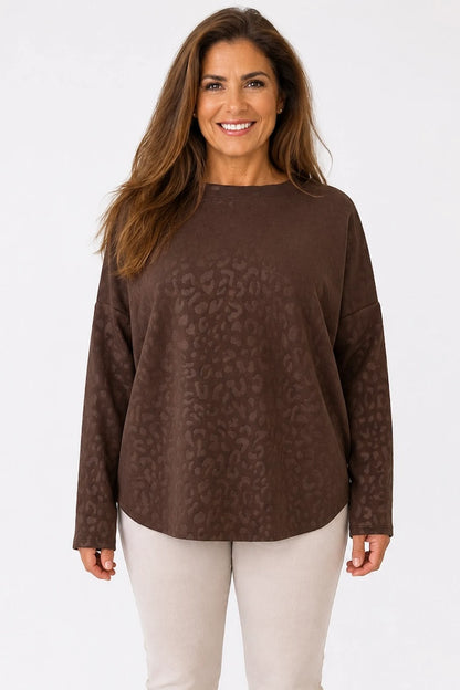 Raw Edge Hem Embossed Leopard Carvella Top - Chocolate