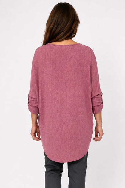 Fine Knit Button Sleeve Batwing Angelica Top - Raspberry Ripple