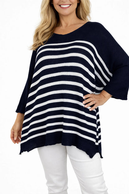 Cotton Serena Stripe Spring Knit Top - Navy
