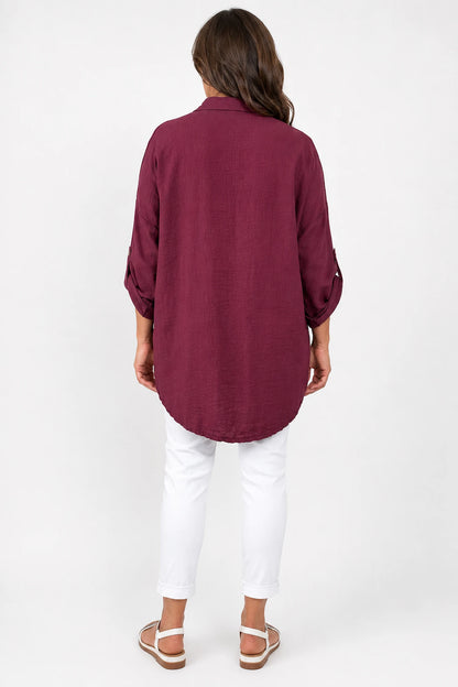Premium Stitch Diamanté Button Sleeve Michaela Shirt - Italia Wine