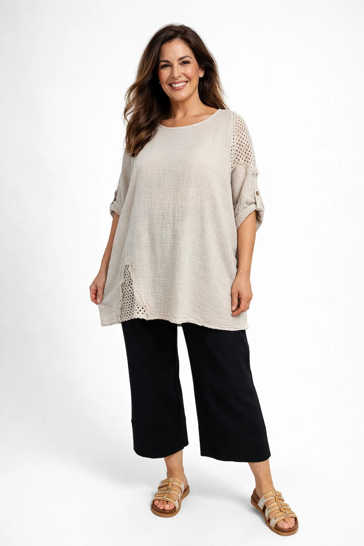 Stretch Wide Leg Capri Double Pocket Cuff Trouser - Black