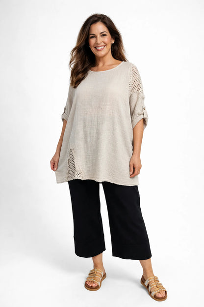 Stretch Wide Leg Capri Double Pocket Cuff Trouser - Black