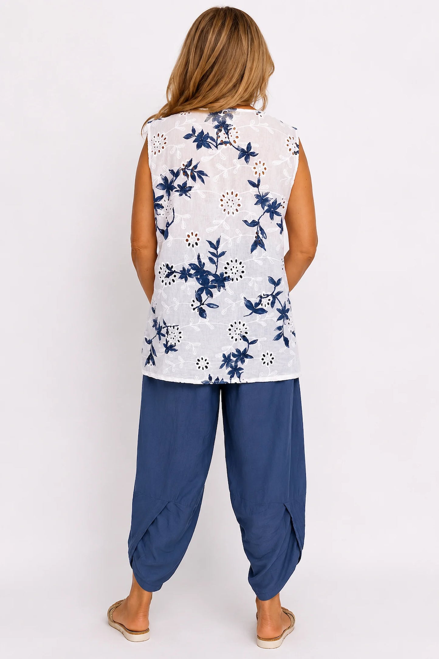 Pure Cotton Button Detail Embroidery Anglaise Mirella Sleeveless Top - Denim