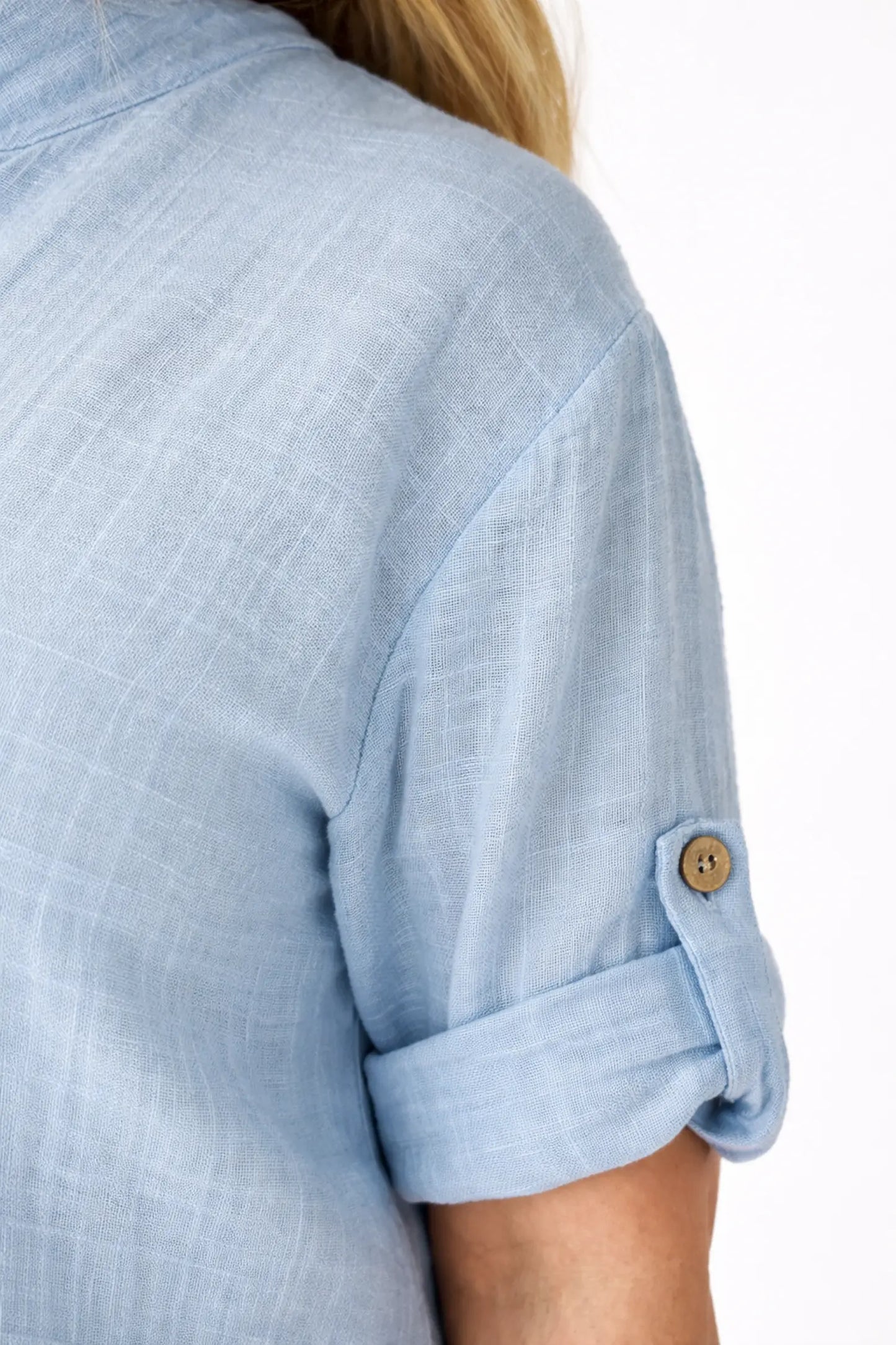 Linen Look Pure Cotton Button Sleeve Diana Button Shirt - Light Denin