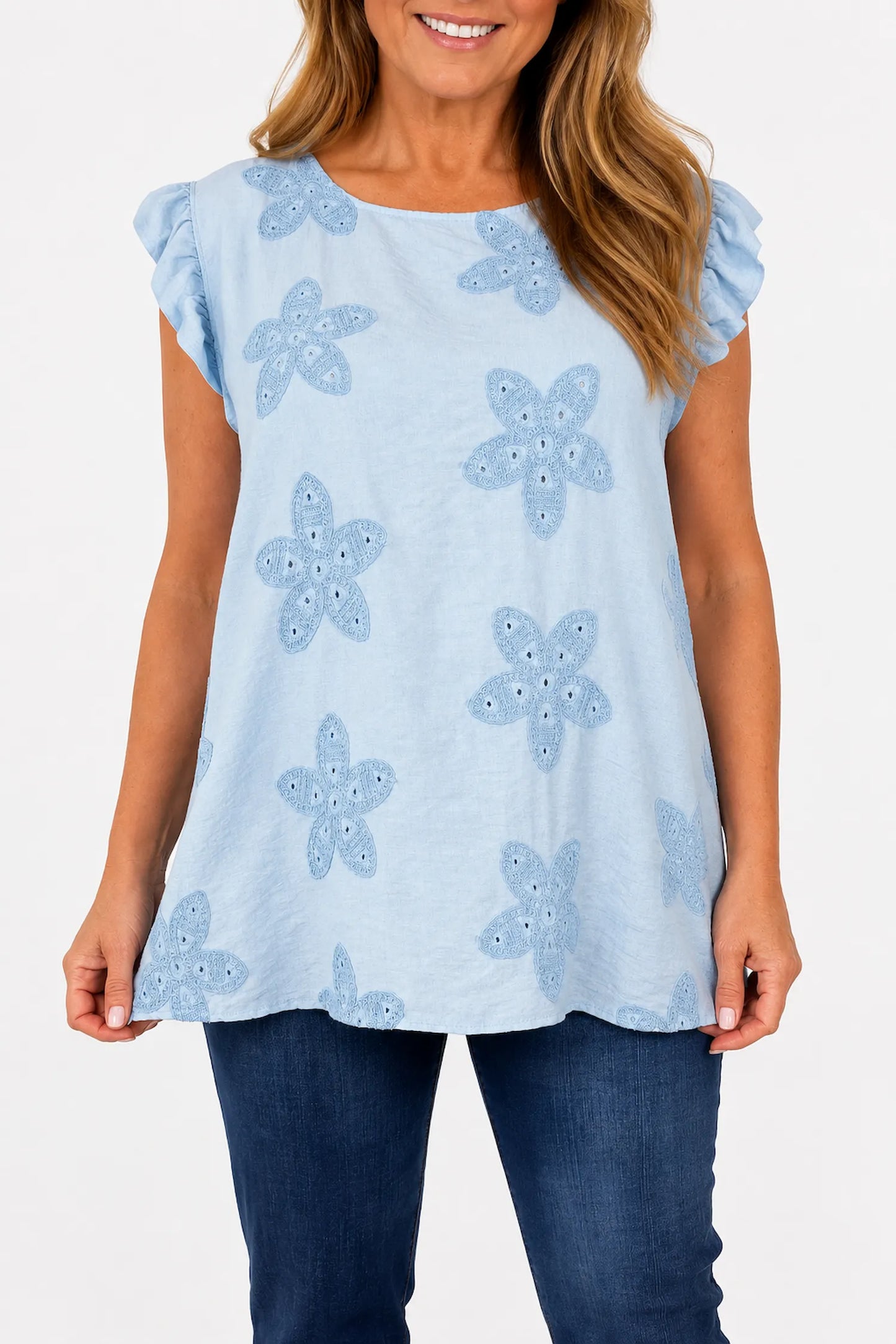 Frill Sleeve Embroidered Floral Detail Sienna Cap Sleeve Top - Baby Blue
