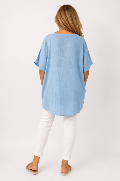 Pure Cotton Double Pocket Coté Tunic Top - Light Denim
