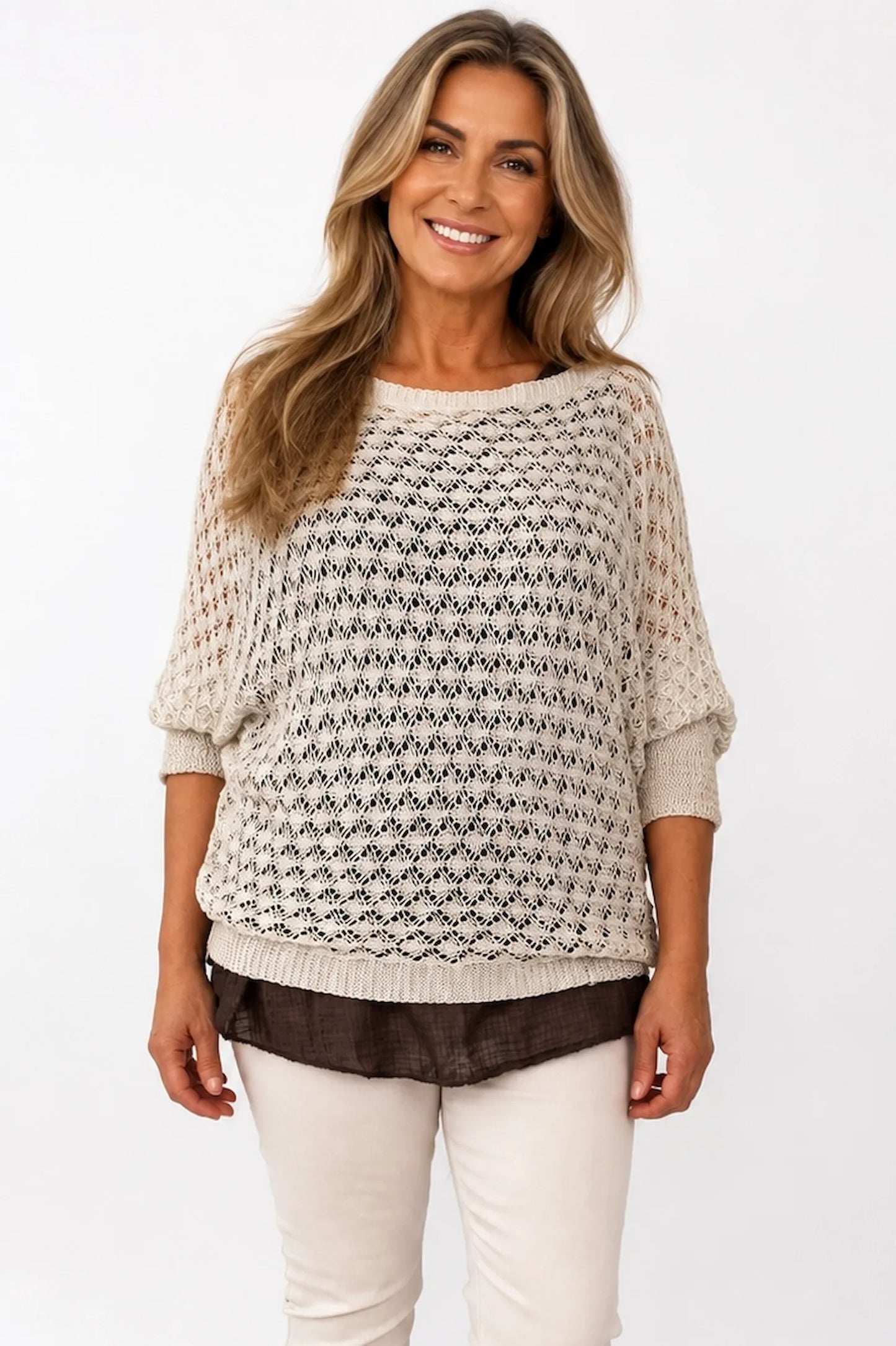 Eliza Batwing Knit Crochet - Beige