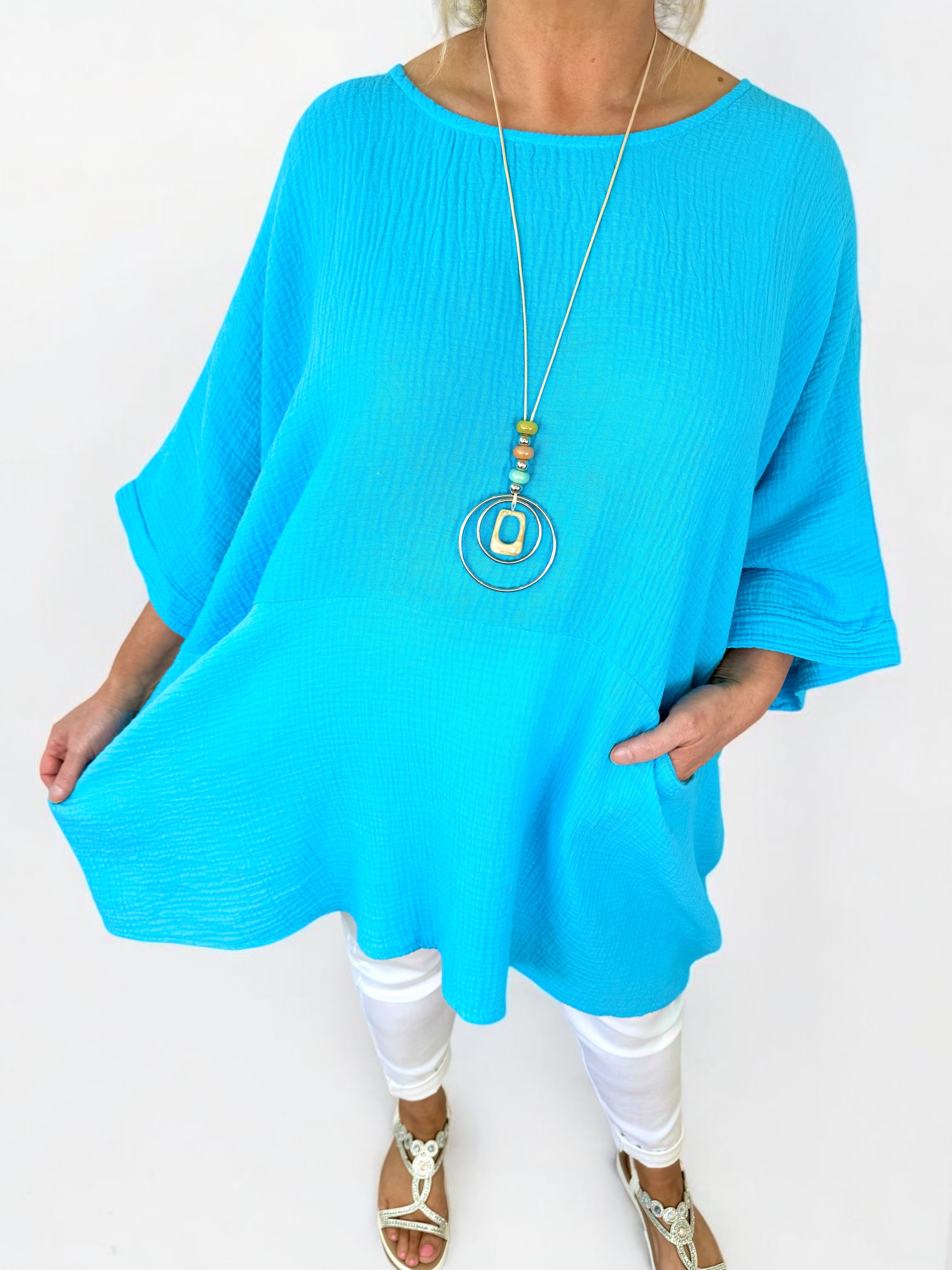 Bubble Cotton Double Pocket Lara Necklace Top - Turquoise