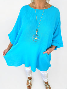 Bubble Cotton Double Pocket Lara Necklace Top - Turquoise
