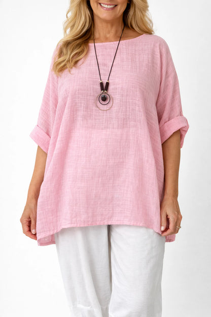 Pure Cotton Linen Look Italia Necklace Top - Baby Pink