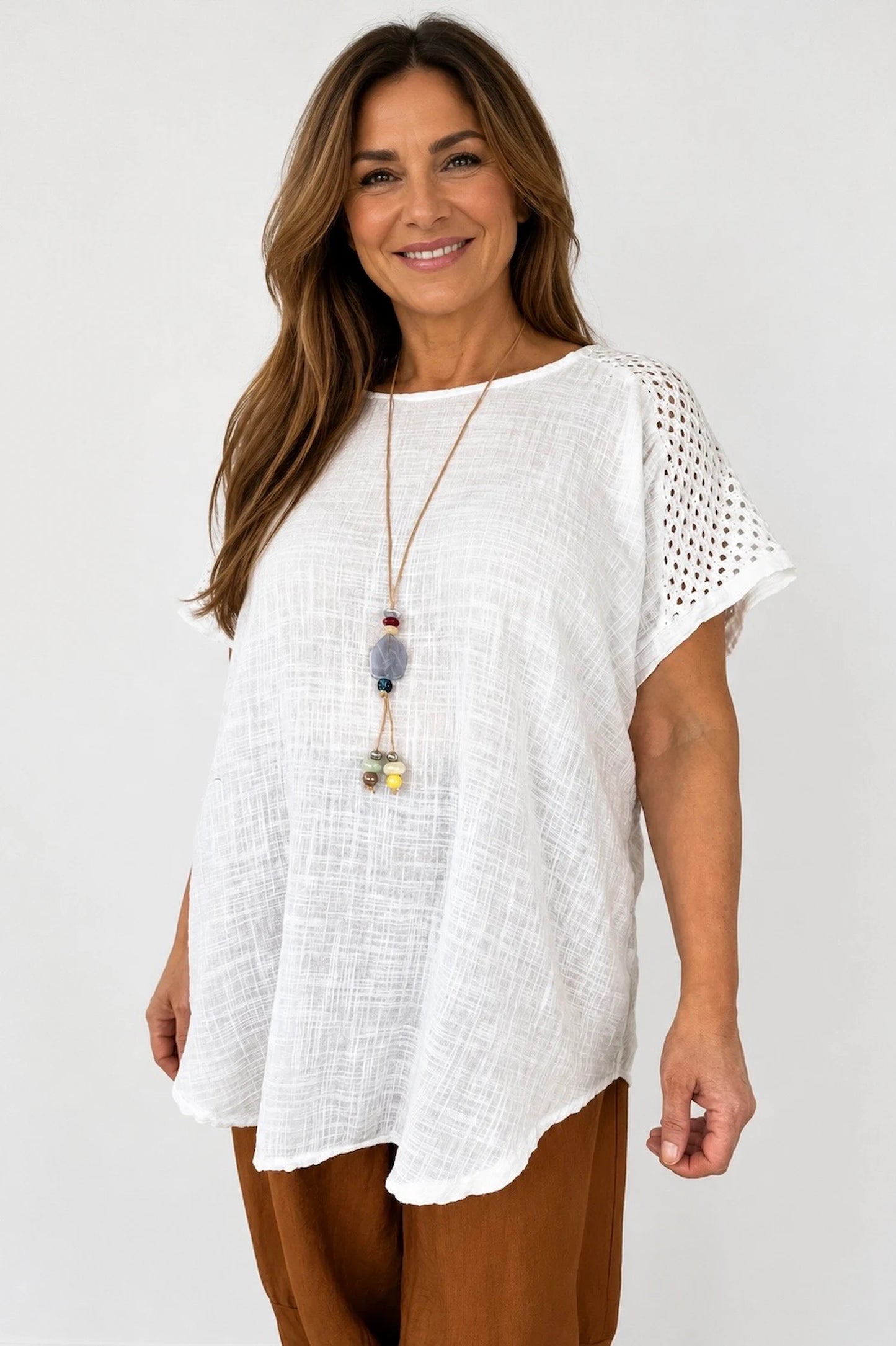 Pure Cotton Crochet Detail Francesca Necklace Top - White