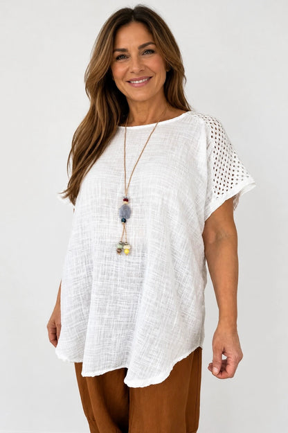 Pure Cotton Crochet Detail Francesca Necklace Top - White