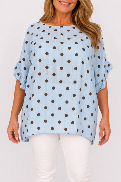 Polka Dot Frill Sleeve Soft Stitch Allegra Top - Baby Blue