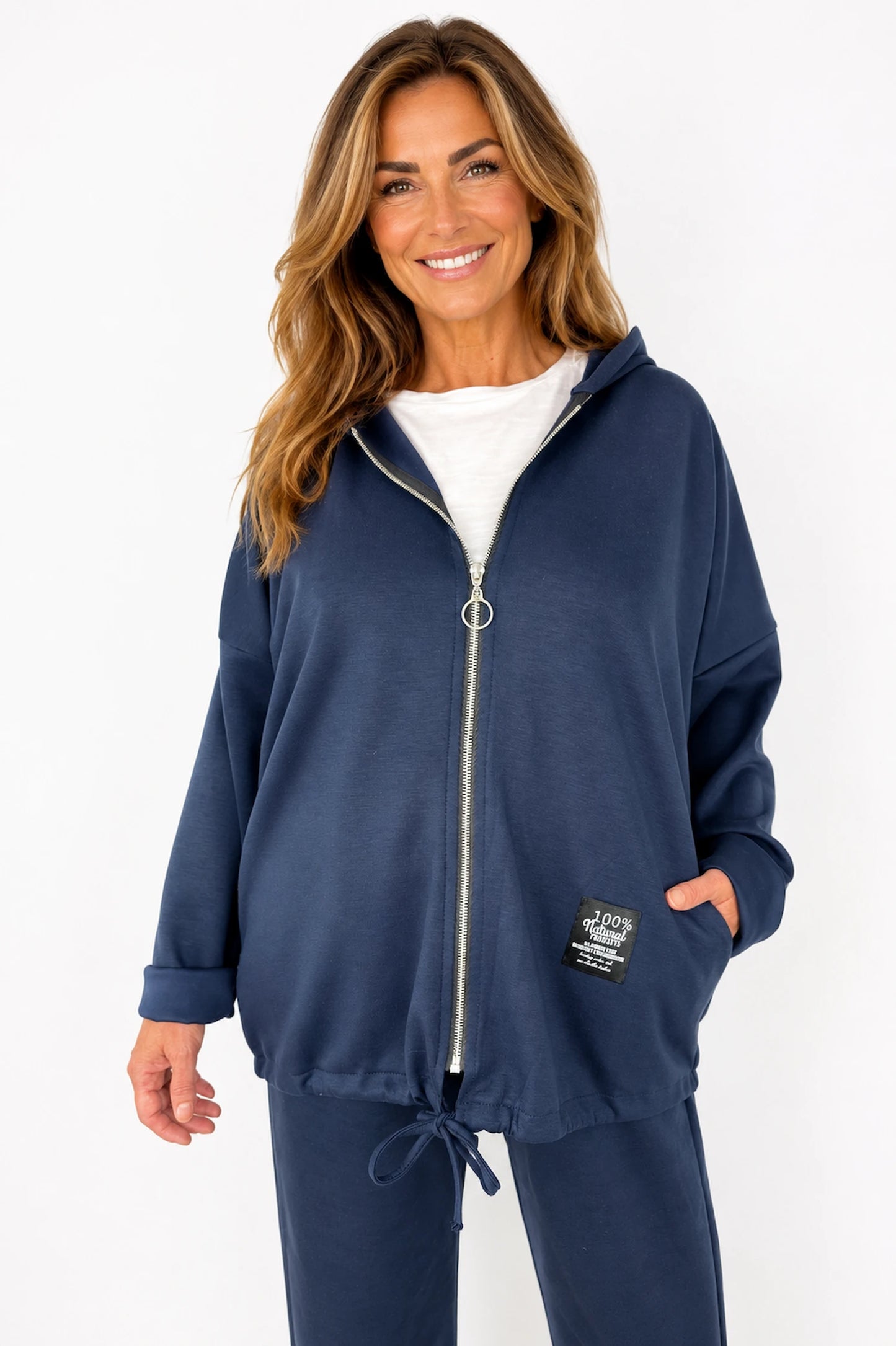 Badge Detail Drawstring Hem Double Pocket Viera Zipped Hooded Jacket - Navy