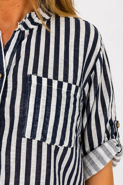 Linen Look Pure Cotton Pocket Detail Cruze Button Sleeve Stripe Shirt - Navy/White