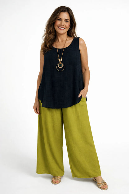 Elasticated Smocked Waist Patch Pocket Milan Wide Leg Pants - Sun-Ripened Olive Green