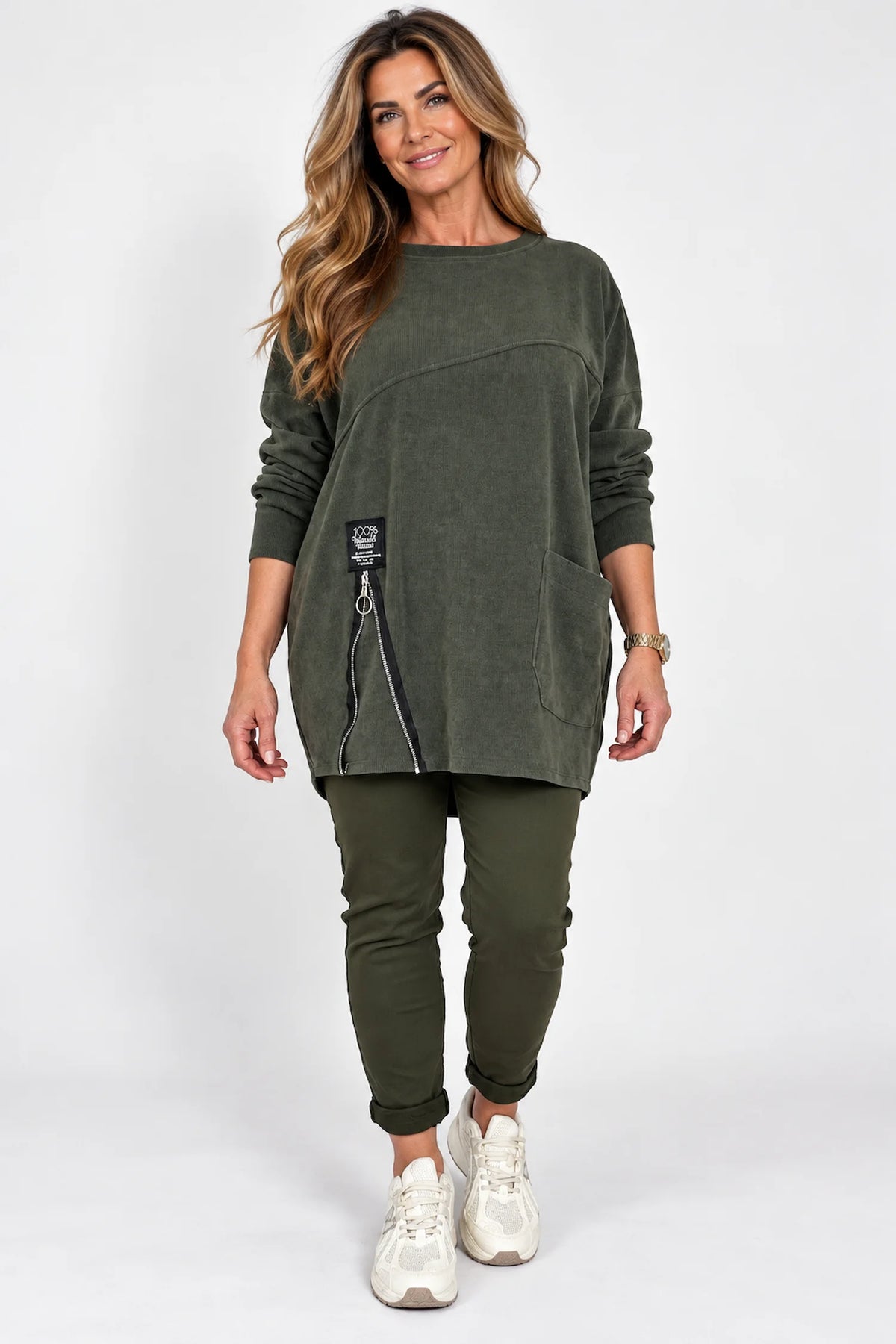 Zipped Hem Badge Detail Ciello Pocket Top - Khaki