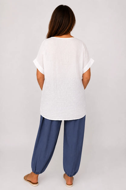 Pure Cotton Embroidered Flower Mesh Detail Capari Top - White