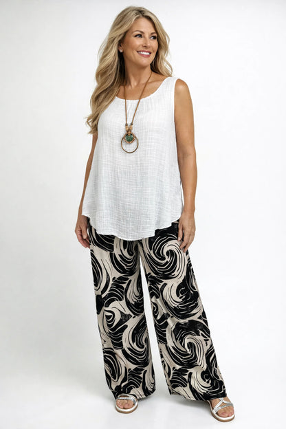 Wide Leg Swirl Print Sand Swept Italia Pants - Black Marble Swirl
