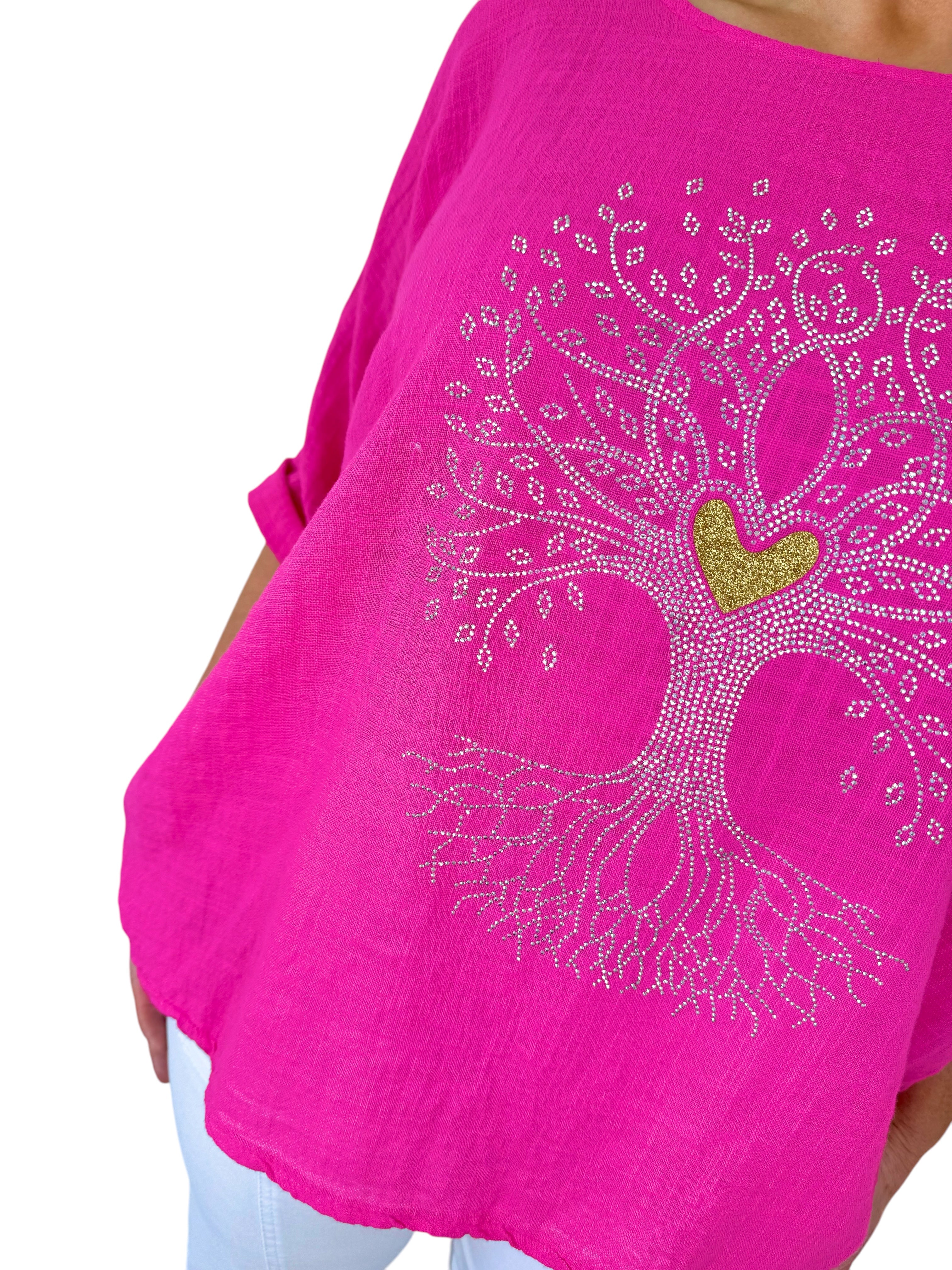 Pure Cotton Diamanté Love Tree Top - Cerys Pink