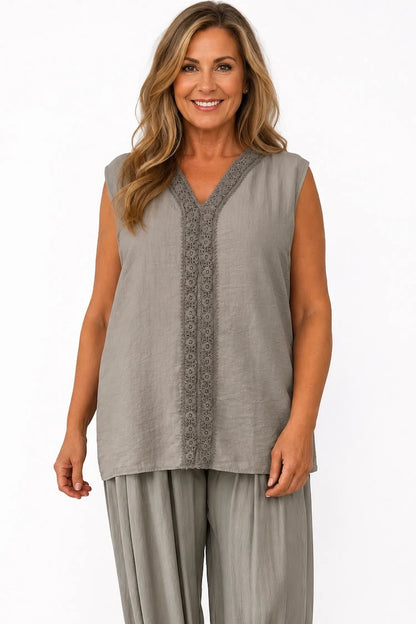 Embroidered Trim Carvela Sleeveless Top - Mocha