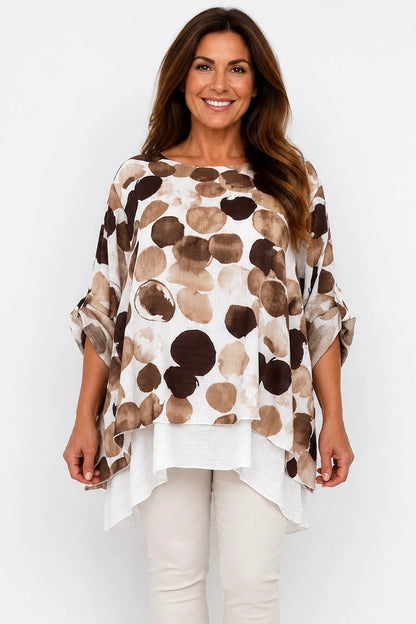 Fully Lined Ava Button Sleeve Top - Mocha Tones