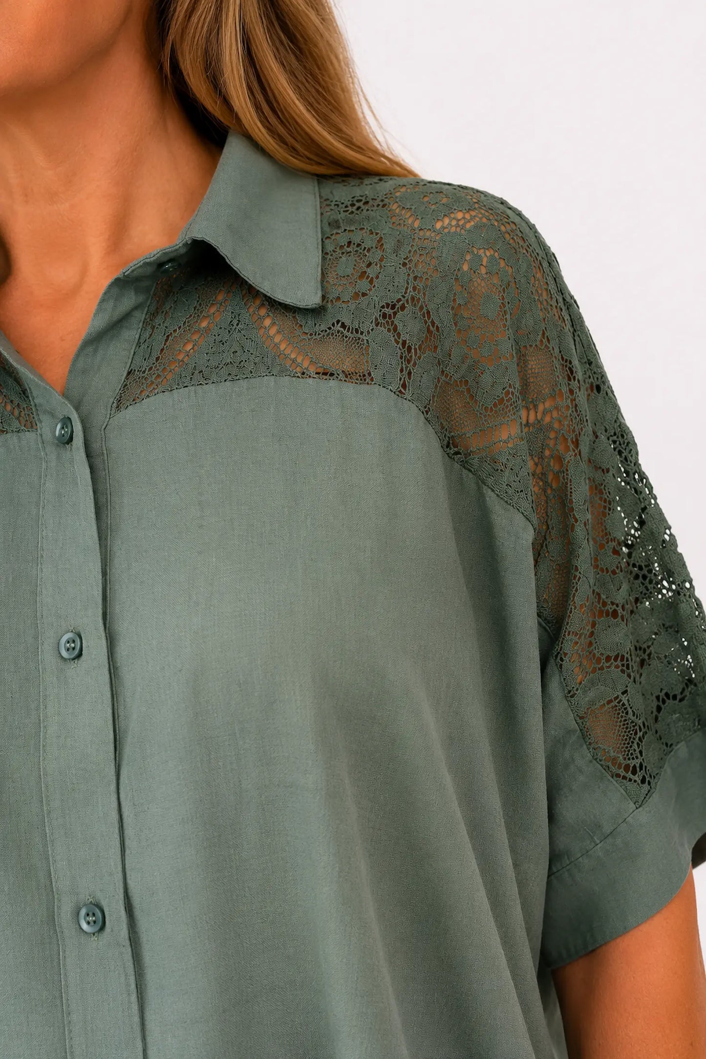 Lace Crochet Shoulder Alexandra Button Shirt - Khaki