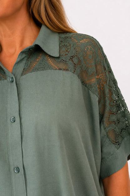 Lace Crochet Shoulder Alexandra Button Shirt - Khaki