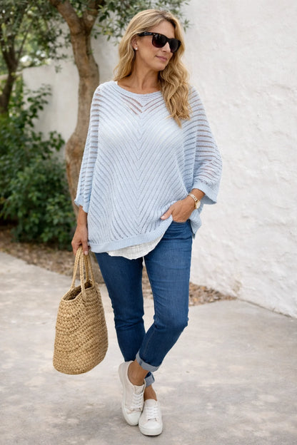 Cotton Batwing Positano Crochet Top - Baby Blue