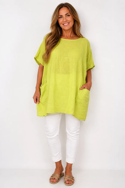Pure Cotton Double Pocket Coté Tunic Top - Lime
