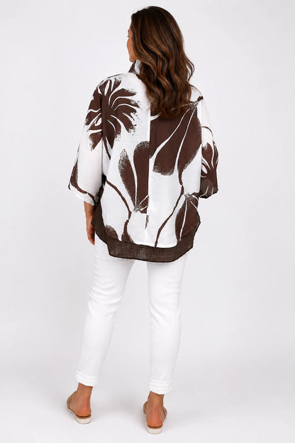 Tie Front Embroidered Floral Detail Batwing Alexa Cover Up - Chocolate