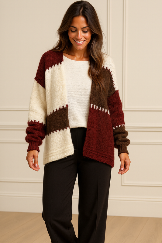 Wool Mix Premium Knit Roxy Cardigan - Chocolate/Wine/Cream