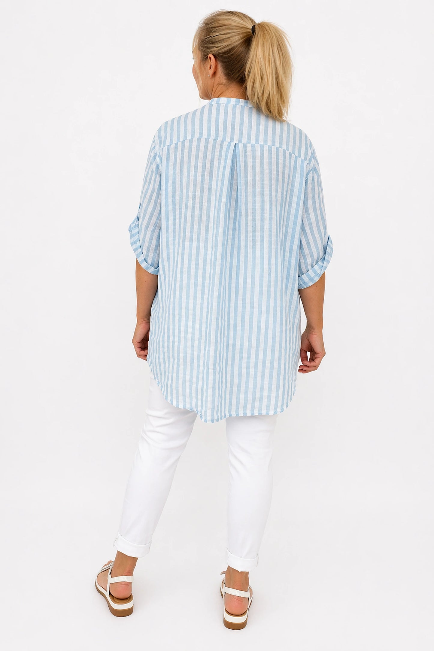 Linen Look Pure Cotton Pocket Detail Cruze Button Sleeve Stripe Shirt - Azure Blue