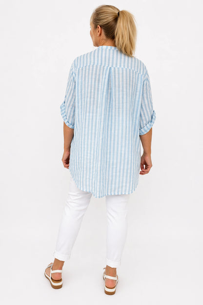 Linen Look Pure Cotton Pocket Detail Cruze Button Sleeve Stripe Shirt - Azure Blue