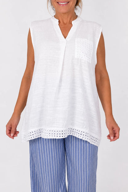 Pure Cotton Mesh Detail Rosetta Pocket Cap Sleeve Top - White