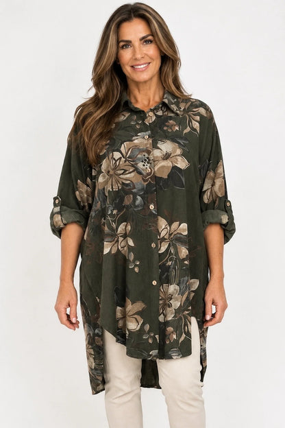 Pure Cotton Needlecord Button Sleeve Dorsia Button Shirt - Khaki