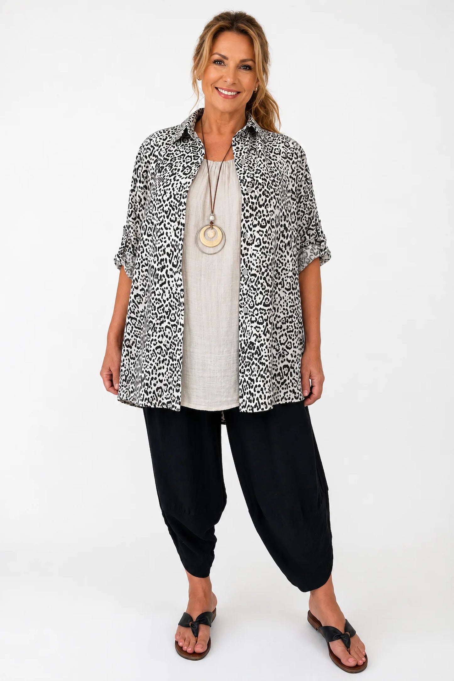 Premium Stitch Button Sleeve Leopard Print Valencia Button Shirt - Beige