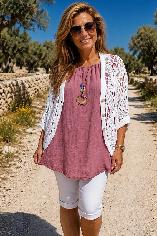 Pure Cotton Sadie Batwing Button Crochet Cardigan - White