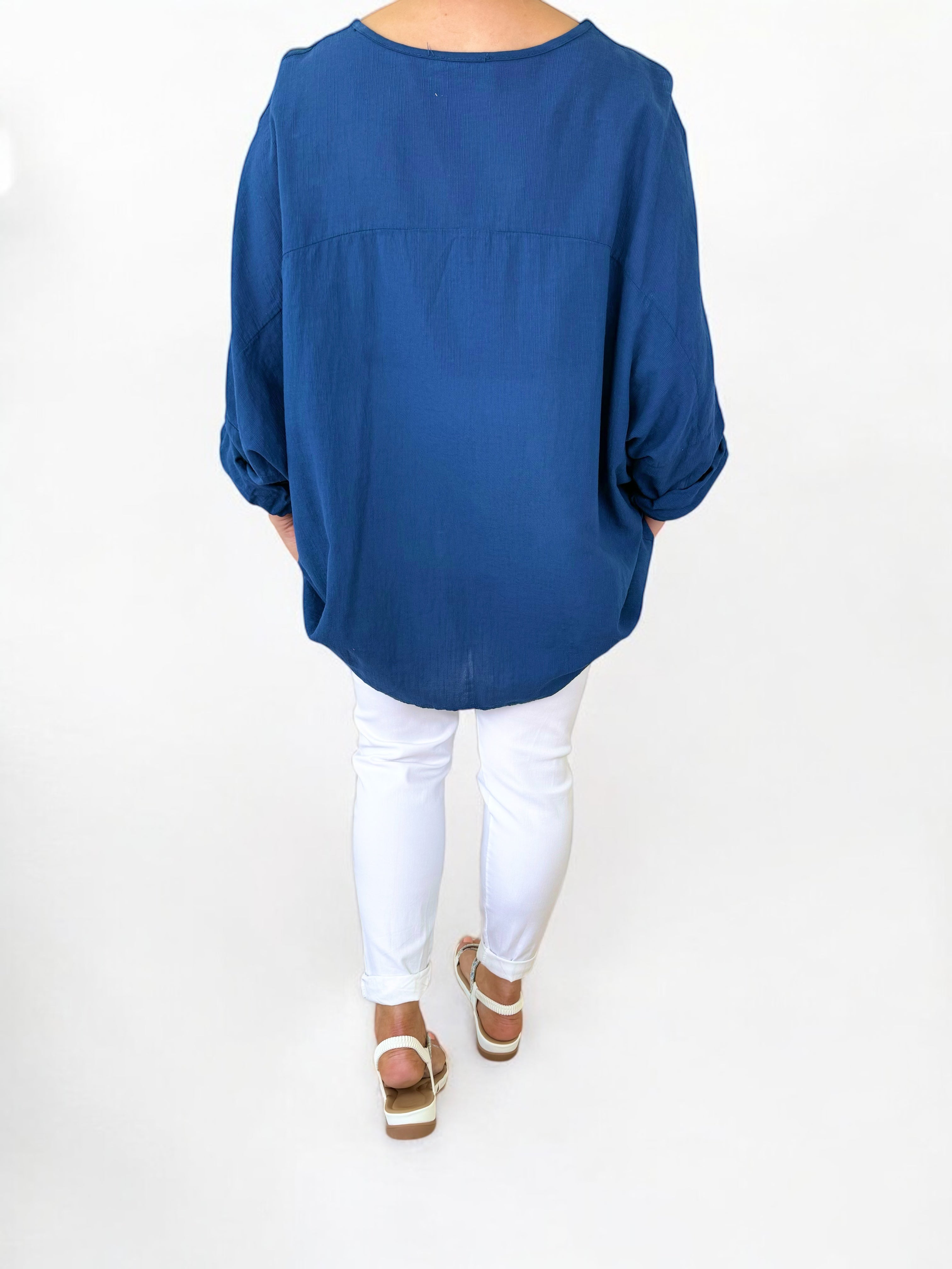 Cotton Sparkle Star Siana Button Sleeve Batwing Top - Navy