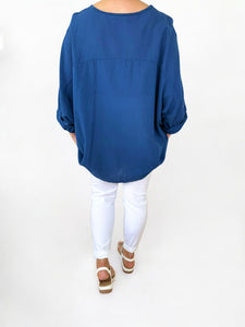 Cotton Sparkle Star Siana Button Sleeve Batwing Top - Navy