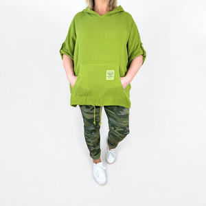 Badge Detail Button Sleeve Bubble Cotton Mara Pocket Hoodie - Lime Green