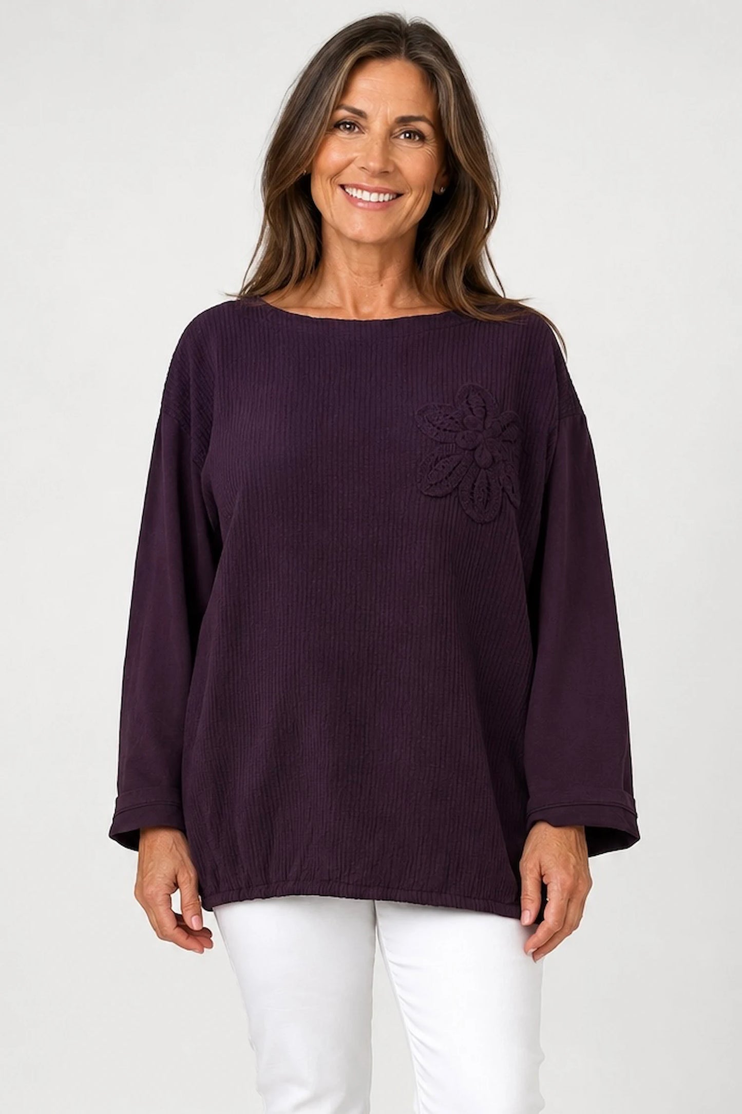 Cotton Embroidered Floral Tied Hem Flerissa Top - Grape